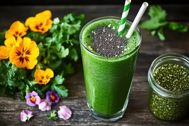 Green smoothie with chia seeds in tall glass on rustic table with edible flowers