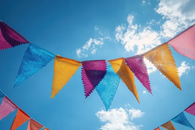 Colorful triangular festival bunting flags hang overhead against a blue sky with clouds.