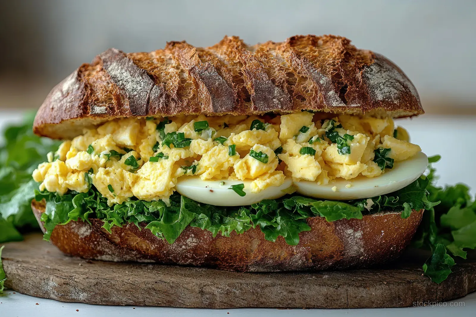 Egg sandwich on rustic bread with scrambled eggs, sliced boiled eggs, chives, and leafy lettuce on a wooden board.