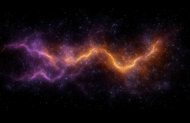 A purple and orange nebula ribbon glows across a dark field of distant stars in deep space.
