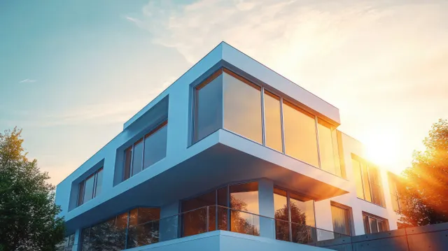 Modern rectangular building corner with large glass windows reflecting trees during a sunset evening with clear sky.