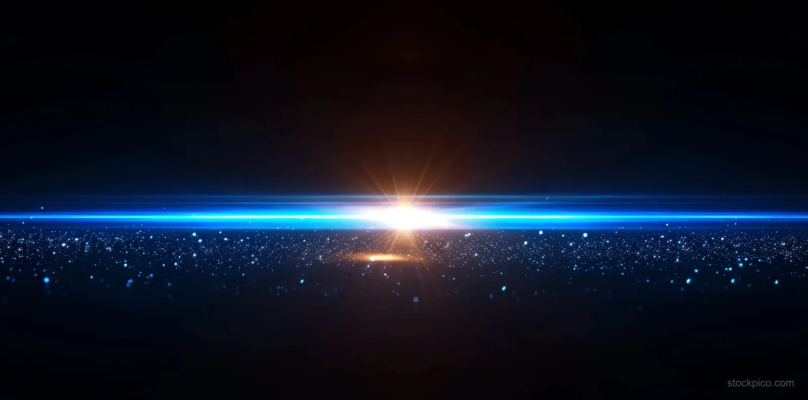 A horizontal blue glowing line crosses a black background with a bright gradient lens flare at the center.