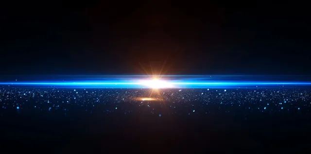 A horizontal blue glowing line crosses a black background with a bright gradient lens flare at the center.