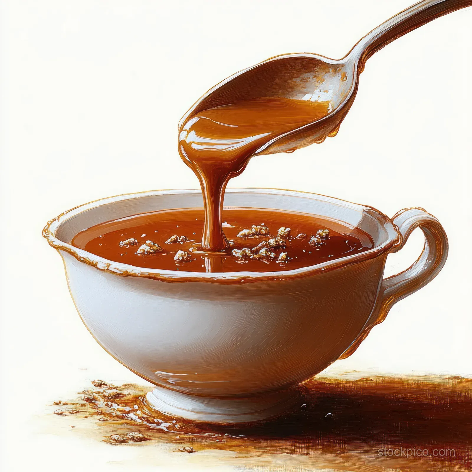 A spoon drips thick caramel into a white ceramic cup on a wooden surface with a small spill.