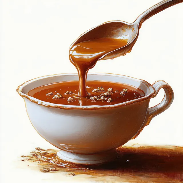 A spoon drips thick caramel into a white ceramic cup on a wooden surface with a small spill.