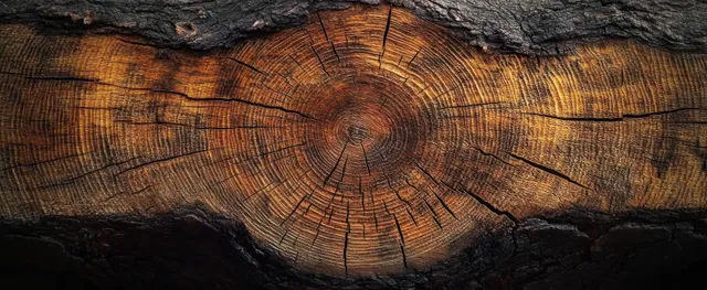 Close-up of a tree trunk cross-section with visible growth rings, cracks, and rough bark edges.