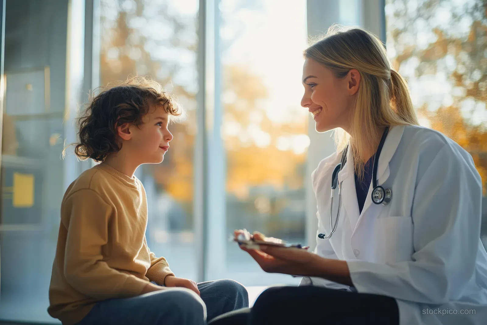 Doctor in a white coat explains diagnosis to a teenage girl inside an ambulance while holding a tablet.
