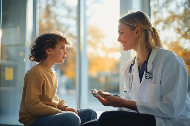 Doctor in a white coat explains diagnosis to a teenage girl inside an ambulance while holding a tablet.
