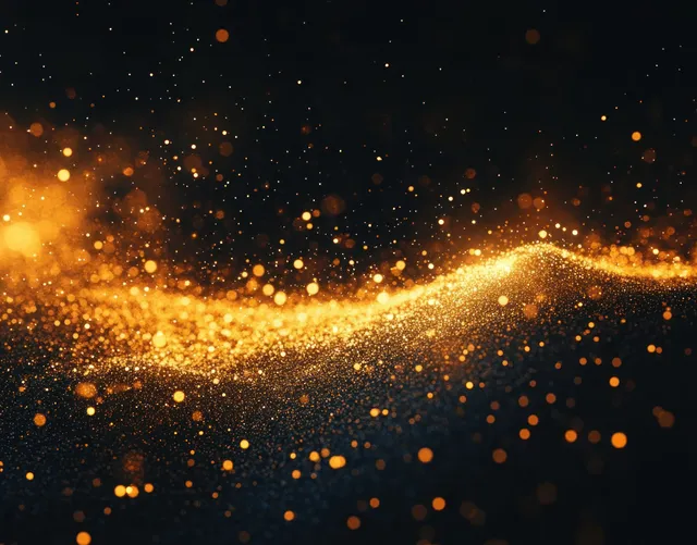 Glowing golden particles form a wave across a dark background with shimmering light trails