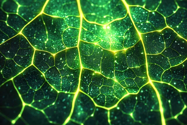 Glowing Green Leaf Veins with Illuminated Cellular Patterns