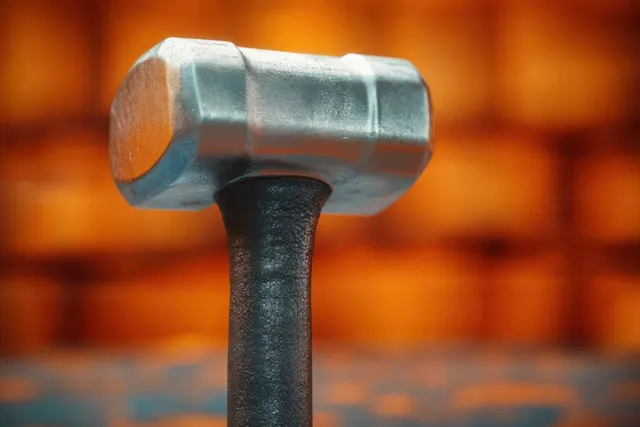 Close-up of a steel sledgehammer head and black handle against blurred orange workshop background