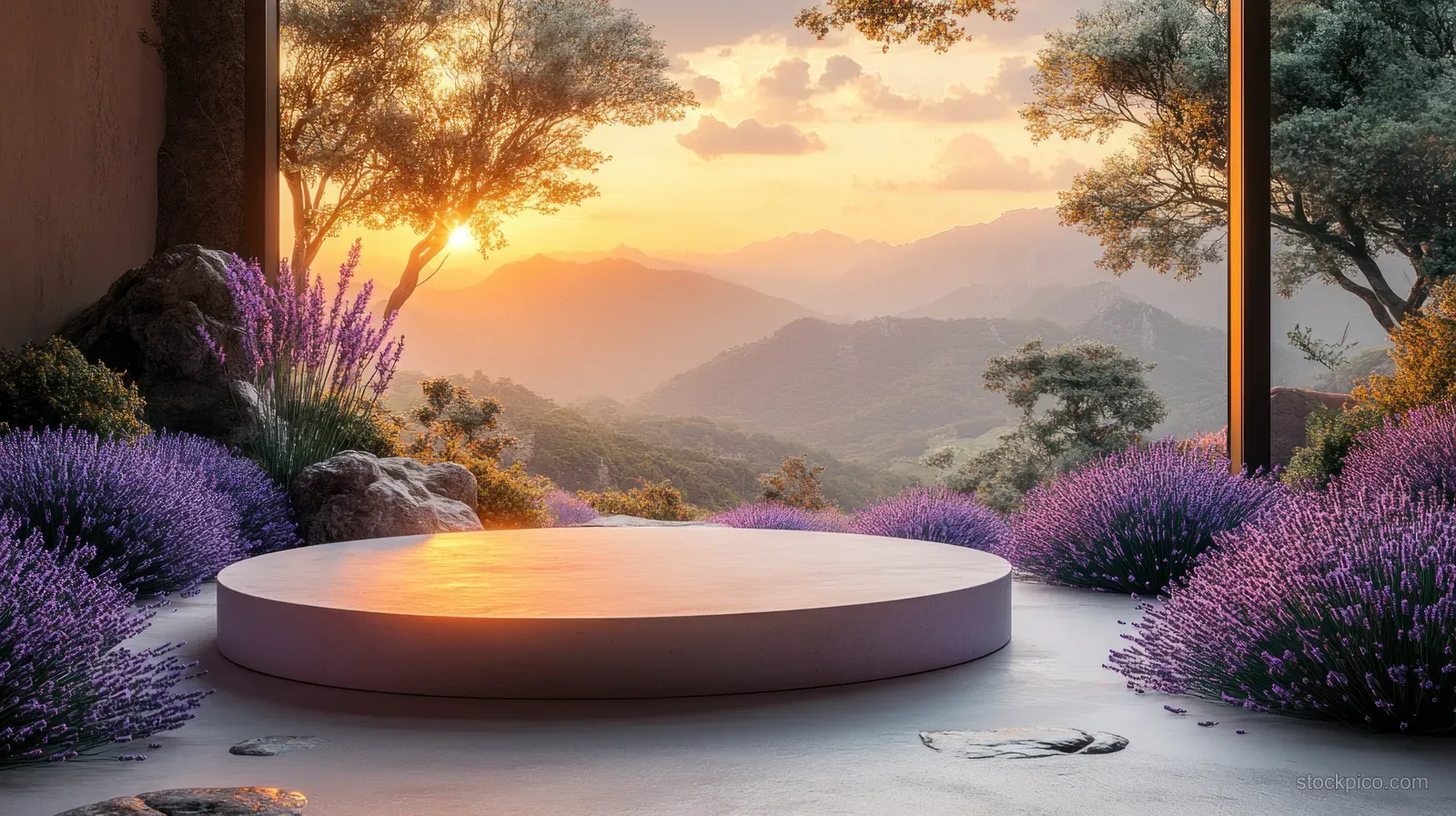 A lavender-lined terrace features a white circular podium glowing under a golden sunset sky.