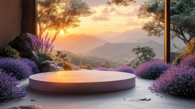 A lavender-lined terrace features a white circular podium glowing under a golden sunset sky.