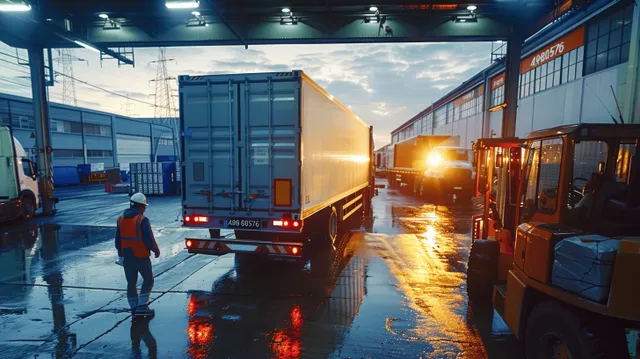 A worker walks near a refrigerated semi-trailer as a forklift unloads pallets in an industrial warehouse loading bay.