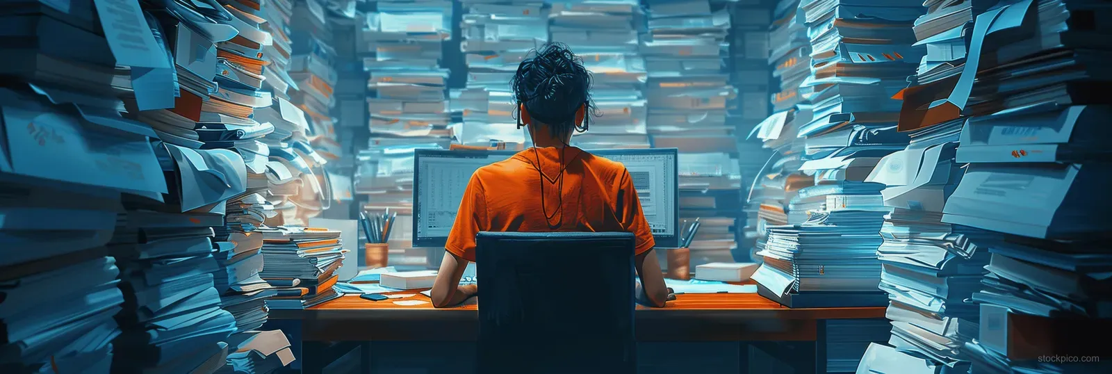 An office worker sits between towering stacks of documents and glowing screens that suggest rushing deadlines.