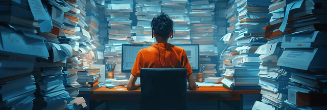 An office worker sits between towering stacks of documents and glowing screens that suggest rushing deadlines.