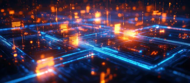 Futuristic circuit board glows with blue and orange data lines connecting illuminated electronic nodes.