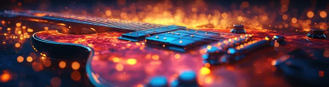 Close-up of electric guitar with illuminated stage lights creating colorful bokeh in the background.