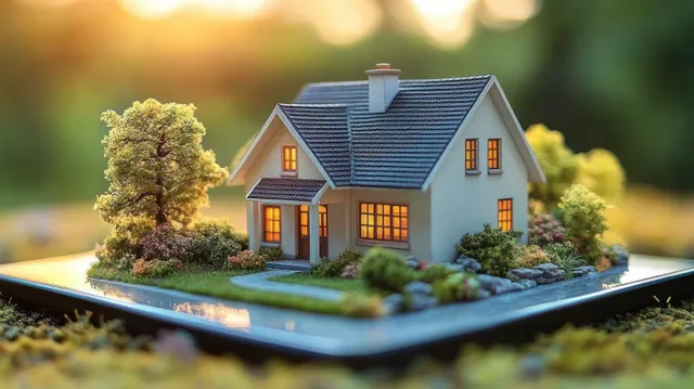 A miniature two-story house model with glowing windows sits on a reflective base amid trees, bushes, flowers, and a stone path.