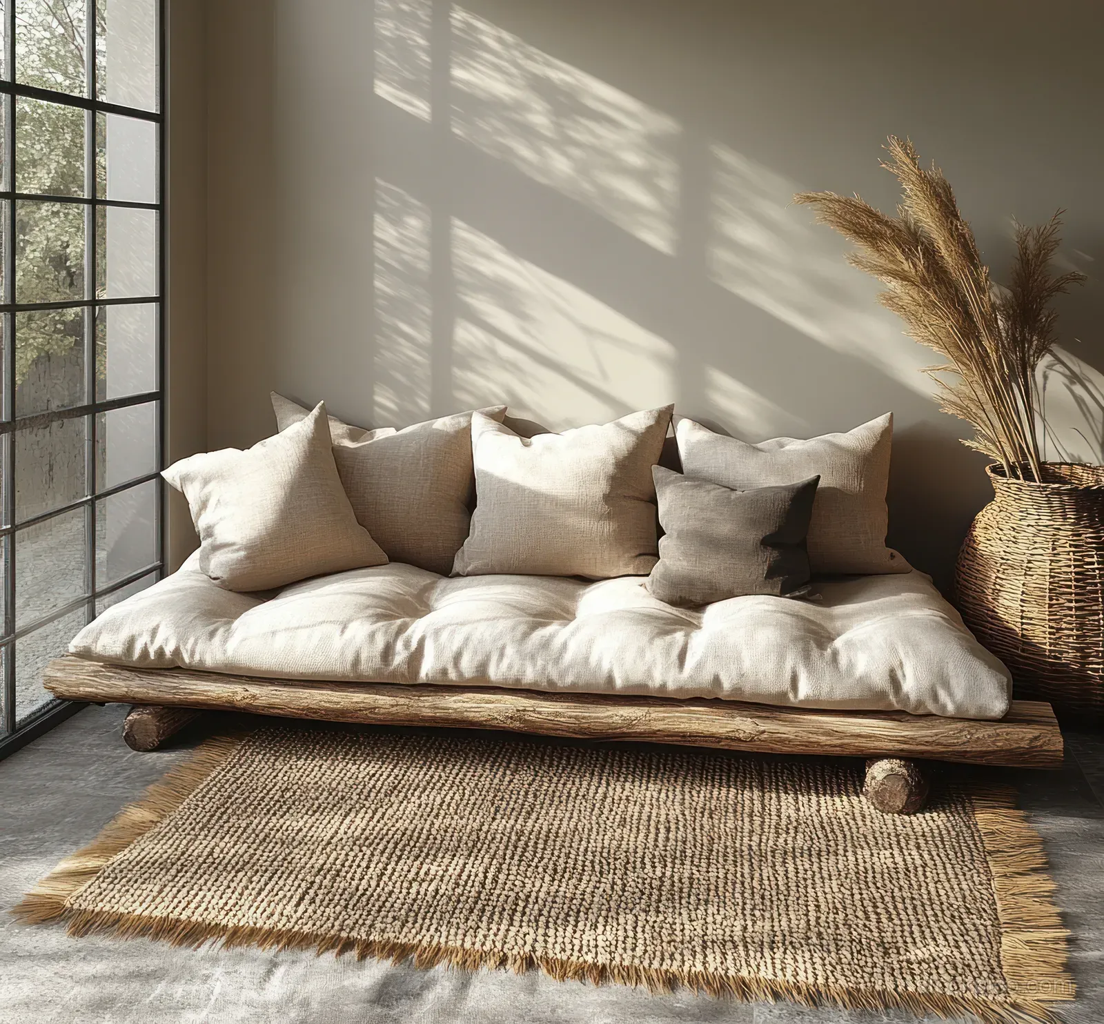 A bright Scandinavian living room with a wooden sofa, neutral cushions, and soft sunlight casting shadows on the floor.