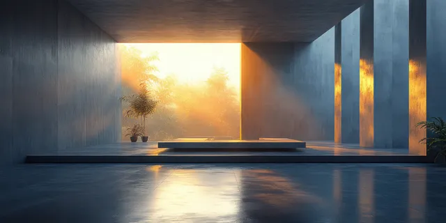 Empty concrete room interior with a bright window, skylight light beams, and long reflections on the floor.