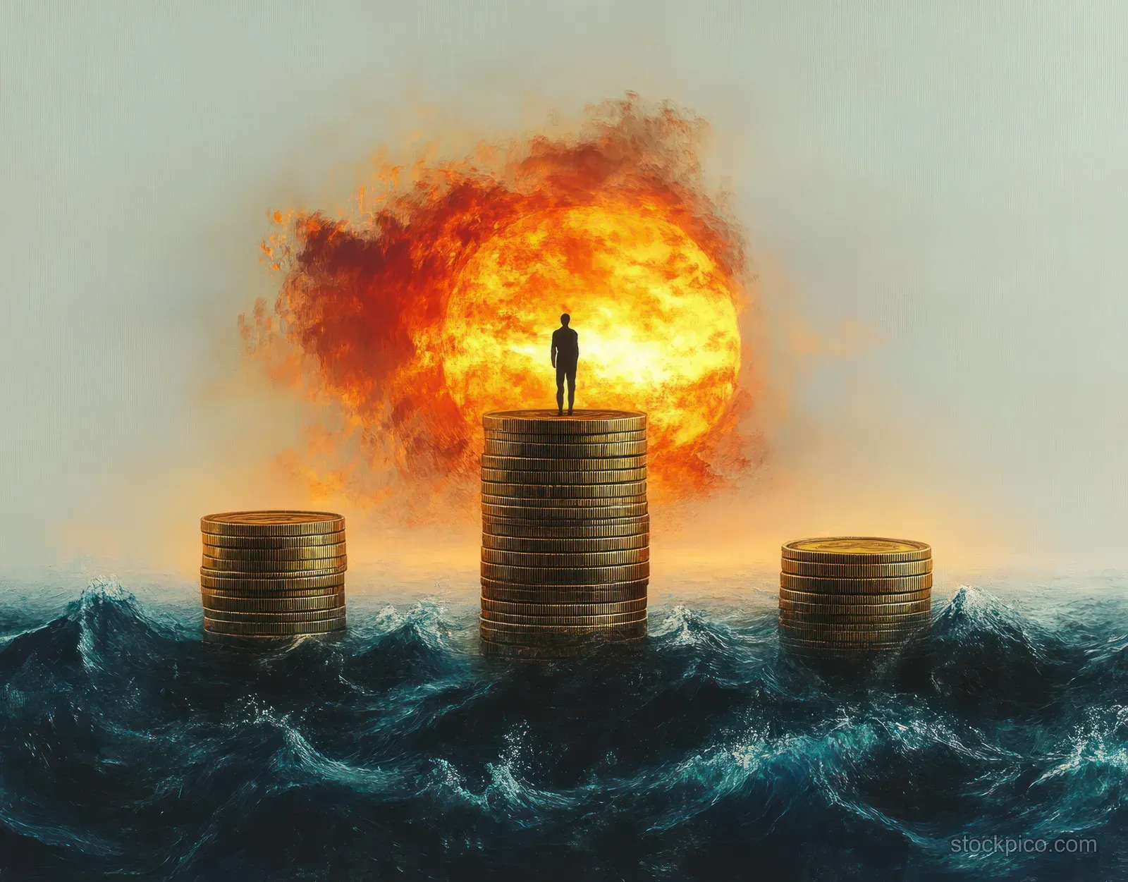 A lone silhouette stands on stacked coins as stormy ocean waves surge under a fiery blazing sun.