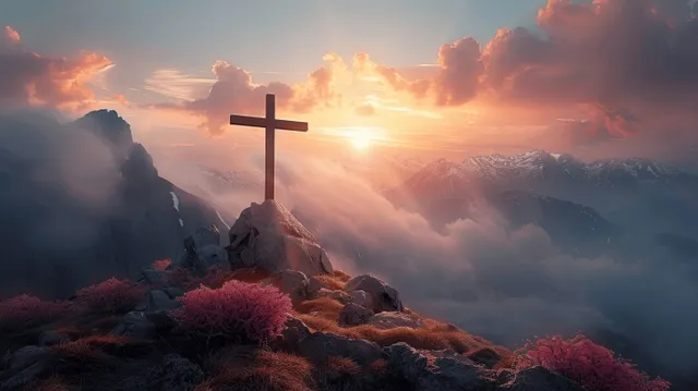Jesus cross silhouette atop rocky mountain, sunrise beams through misty clouds
