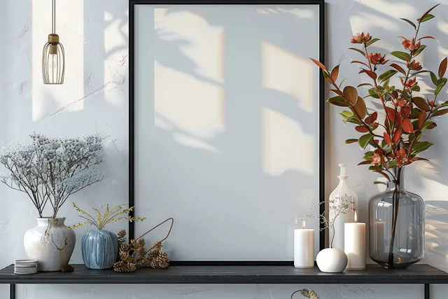 Black photo frame mockup on a white shelf with candles, vases, and tree-shadow patterns from a window.