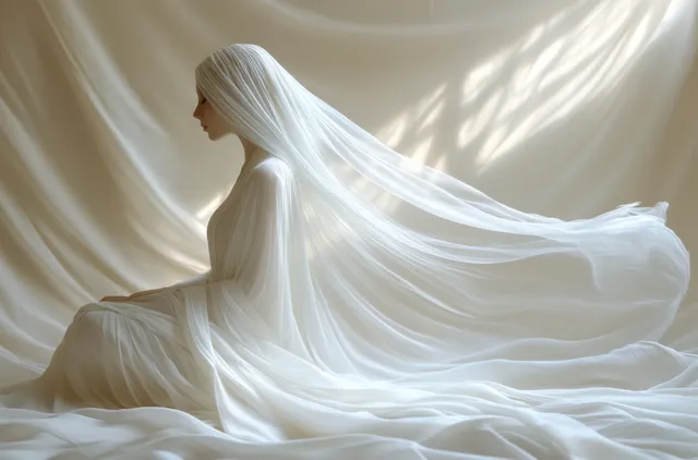 Slim tanned woman posing in flowing sheer white fabric against soft studio drapery backdrop