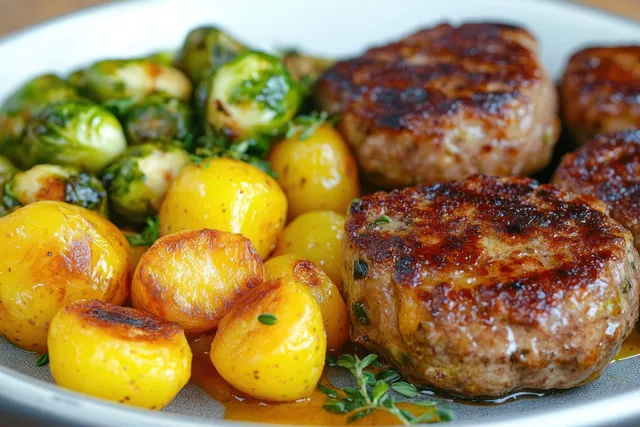 Seared pork patties with boiled baby potatoes and sautéed Brussels sprouts on a plate