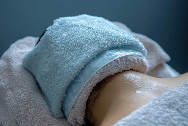 Person resting face down with a towel-wrapped cold gel pack on the back of the neck.