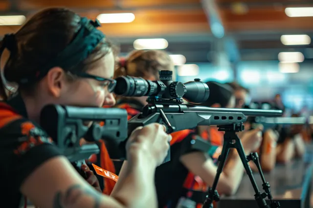German air rifle shooter aiming during 10m competition with bright range lights