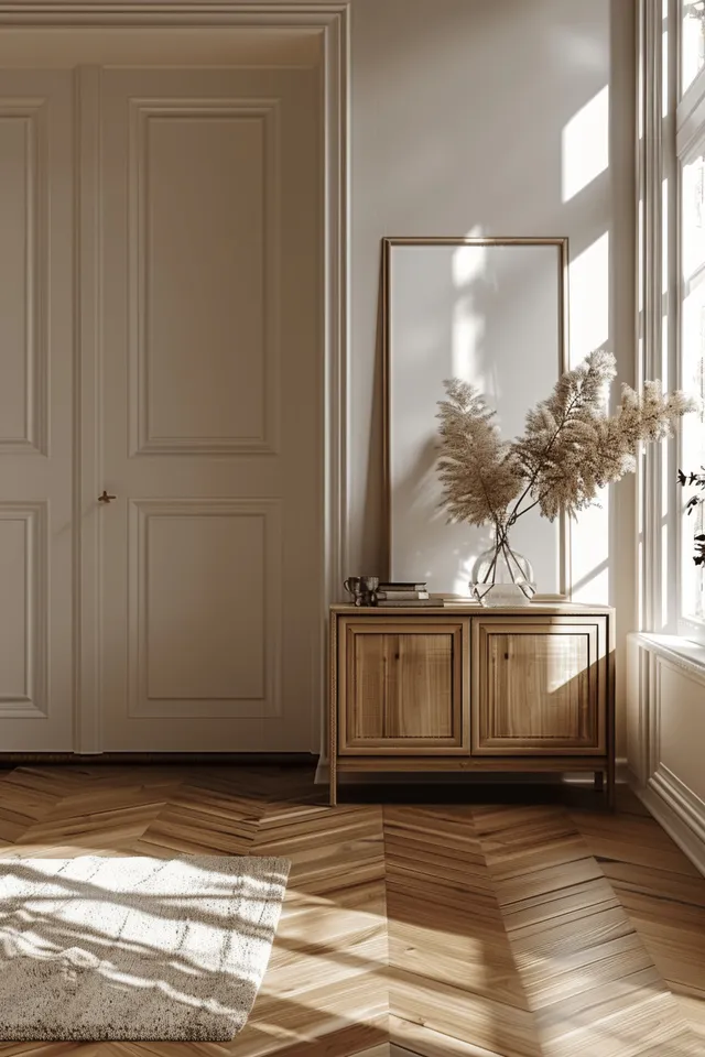 Minimalist frame mockup on a sideboard in a sunlit modern room with parquet flooring and a decorated doorway.