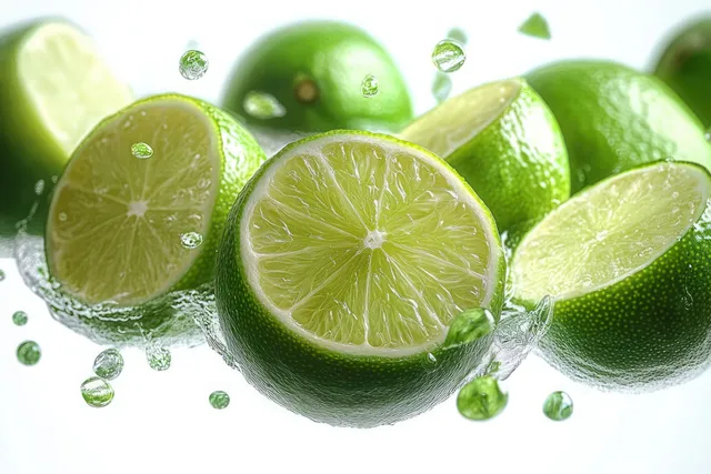 Green limes whole and halved with water droplets splashing on bright white background