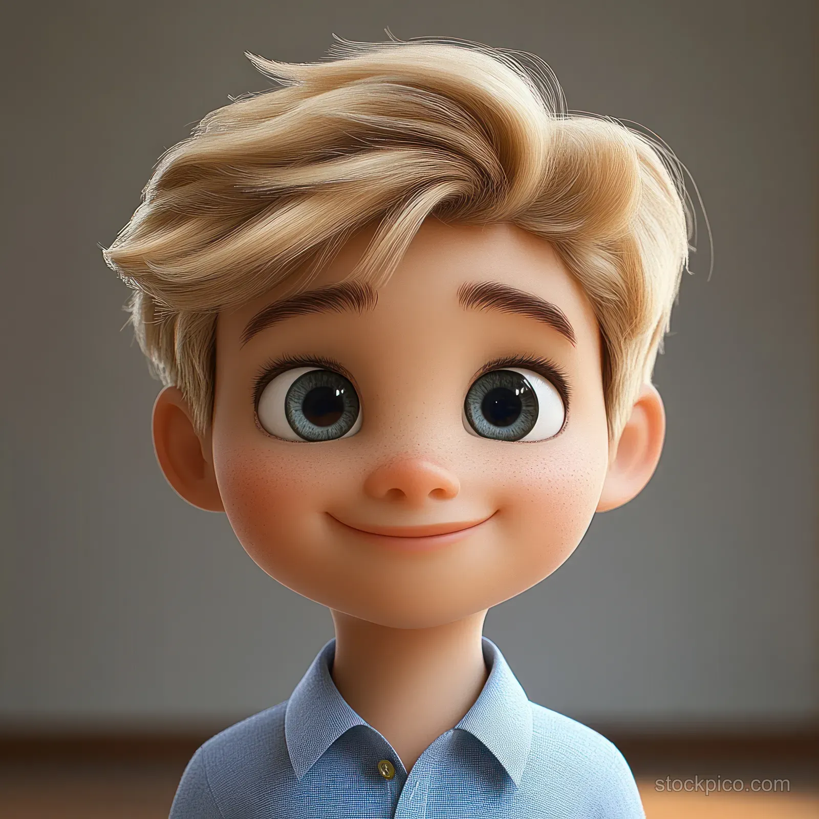 A young blond boy with large blue eyes smiles in a soft indoor portrait wearing a light blue collared shirt.