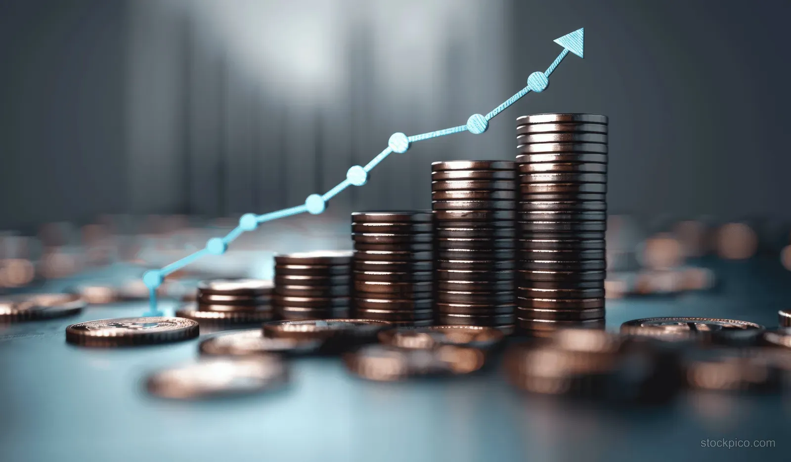 Stacked coins beside a rising arrow line chart on a desk, implying investment growth.