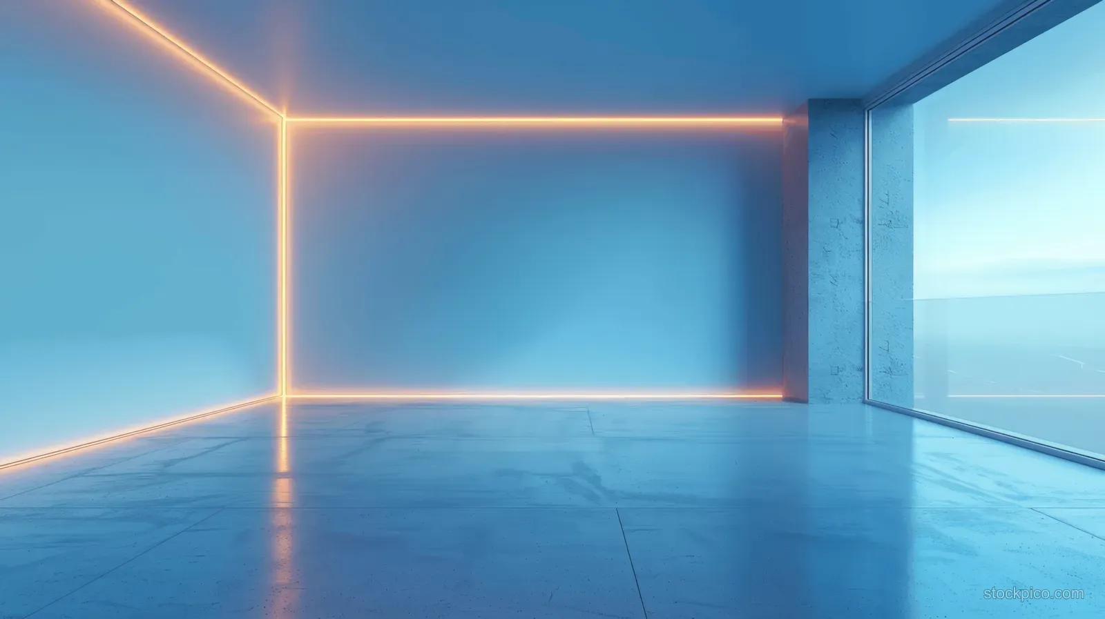 Empty light-blue room with neon grid lights, glossy floor reflections, and bright window light.
