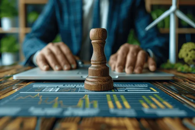 Businessman hand stamping approval document at desk with green energy charts behind
