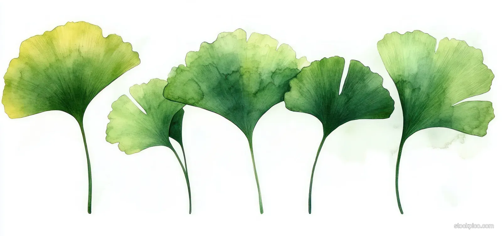 Watercolor ginkgo leaf cluster painted in green washes with thin ink stems on a light background.