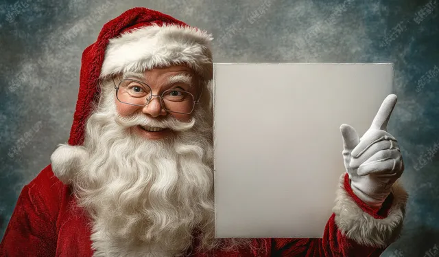 Santa in red suit points toward blank canvas, wearing protective mask and goggles