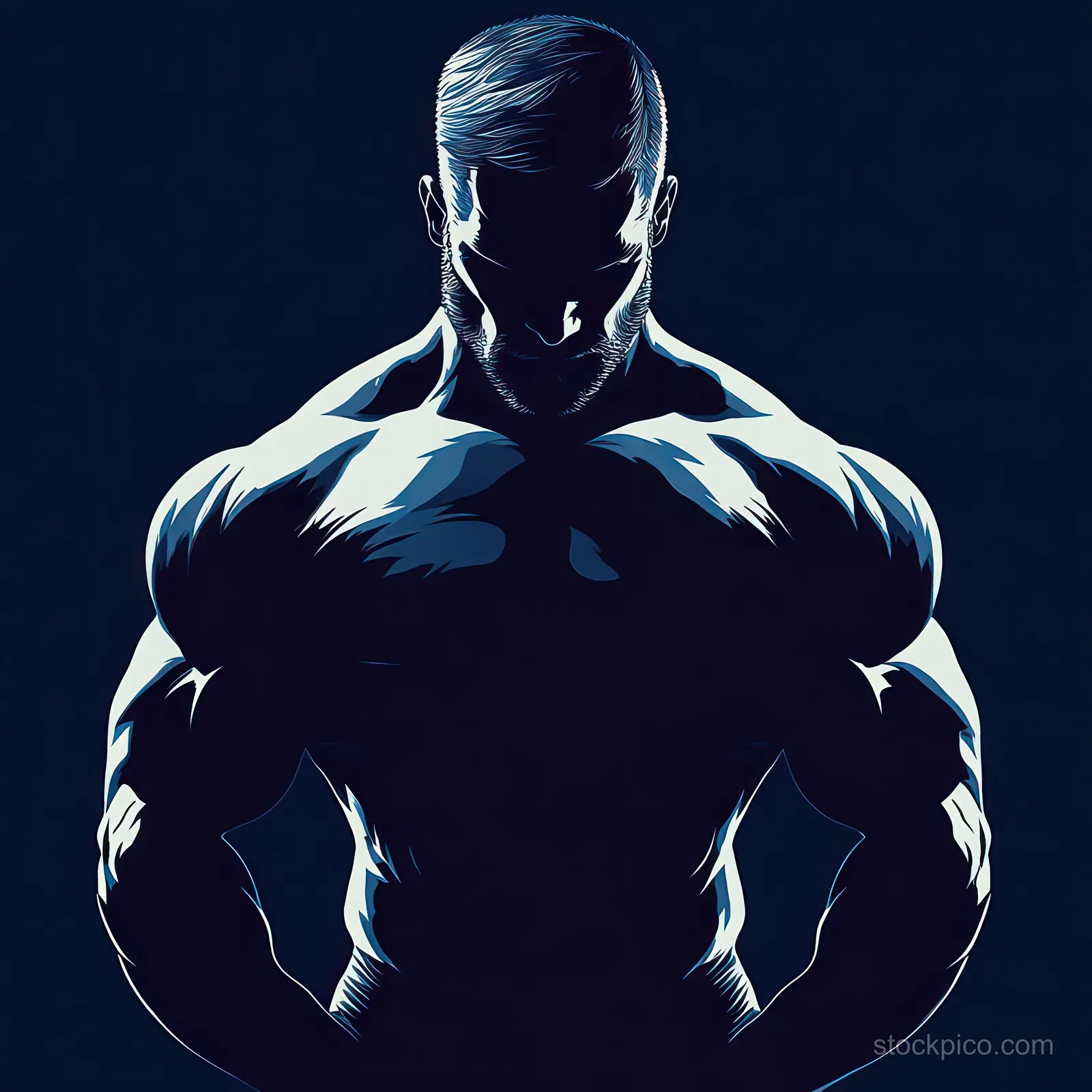 Silhouetted muscular man with defined chest and arms, staring downward under dramatic blue lighting.