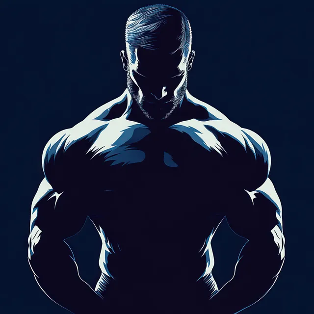 Silhouetted muscular man with defined chest and arms, staring downward under dramatic blue lighting.