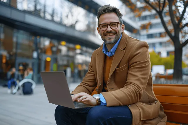Smiling businessman on an outdoor bench talking on a smartphone while working on a laptop near a modern office.