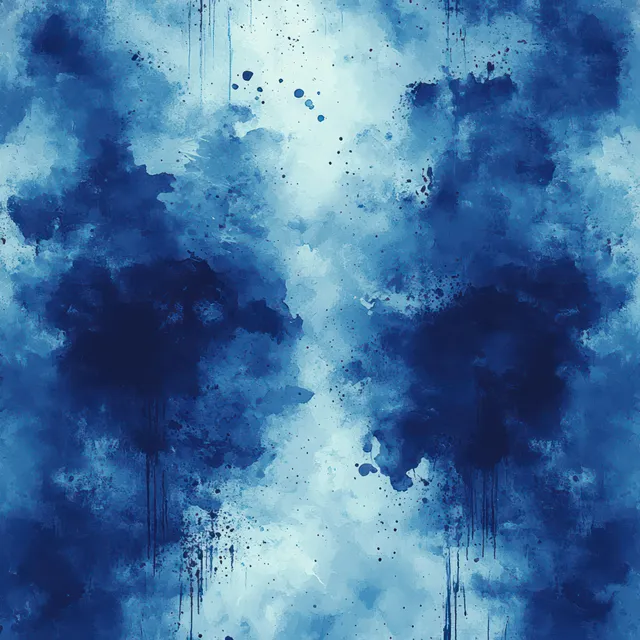 Blue-gray watercolor splashes and ink blots form a textured abstract background.