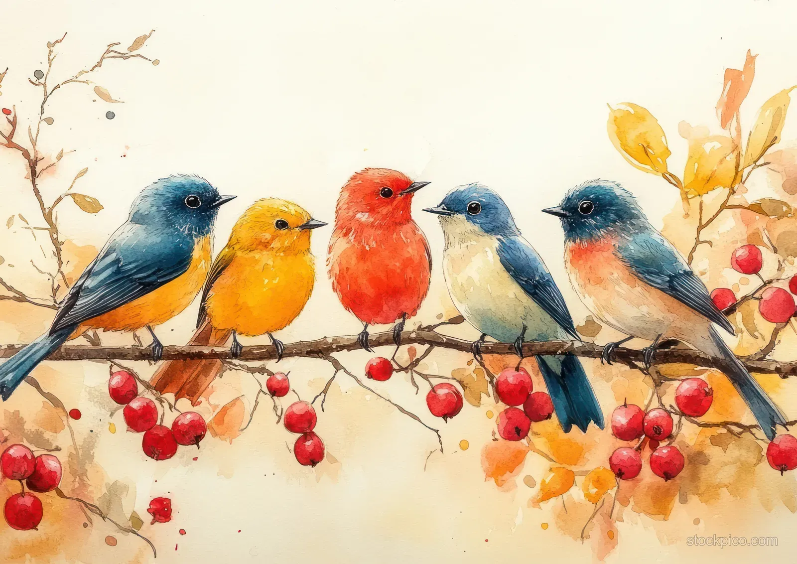 Colorful songbirds perch on a berry branch in a soft watercolor winter scene with branches and light background.