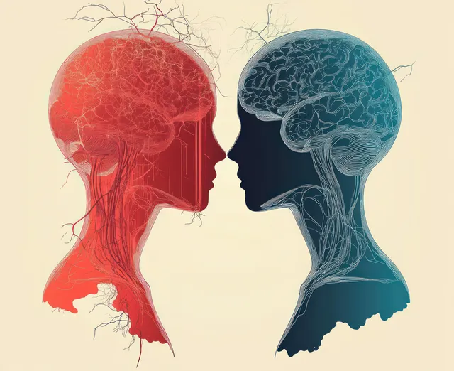 Two facing head profiles with red and blue tangled brain shapes symbolize bipolar mood shifts and mental health conflict.