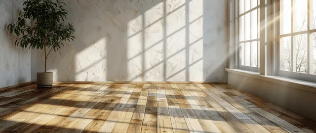 Empty minimalist room with light wooden floor and sunlight creating window-shadow patterns on a blank white wall.