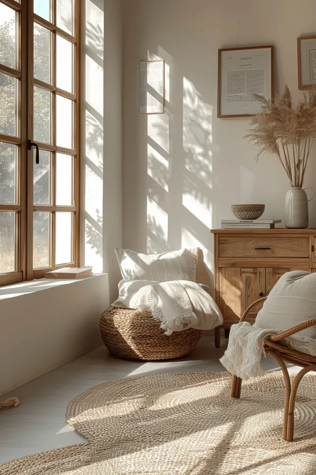 Sunlit Scandinavian living room with wooden sideboard, empty frames, and soft window shadows with Wood And Neutrals