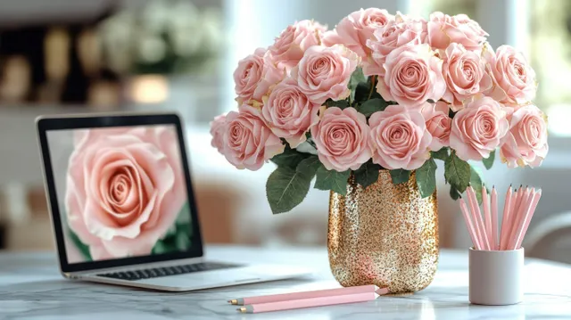 Soft pink rose bouquet in glitter gold vase beside laptop showing rose close-up