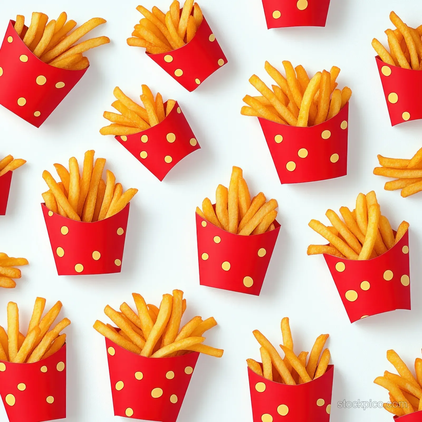 Golden french fries in red containers with yellow dots are scattered on a white background.
